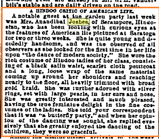 "Hindoo Critic of American Life": Saratoga Springs, NY. Summer 1884.