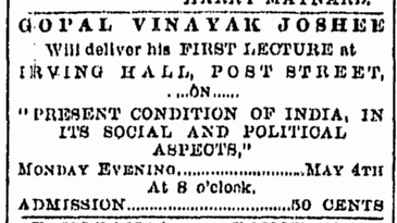 Notice in the San Francsico Chronicle announcing lecture to be delivered by Gopal Joshee. April/May 1885.