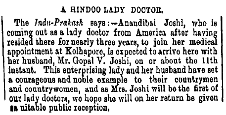 Newspaper notice preparing its readers for the arrival of Anandi Joshee. 