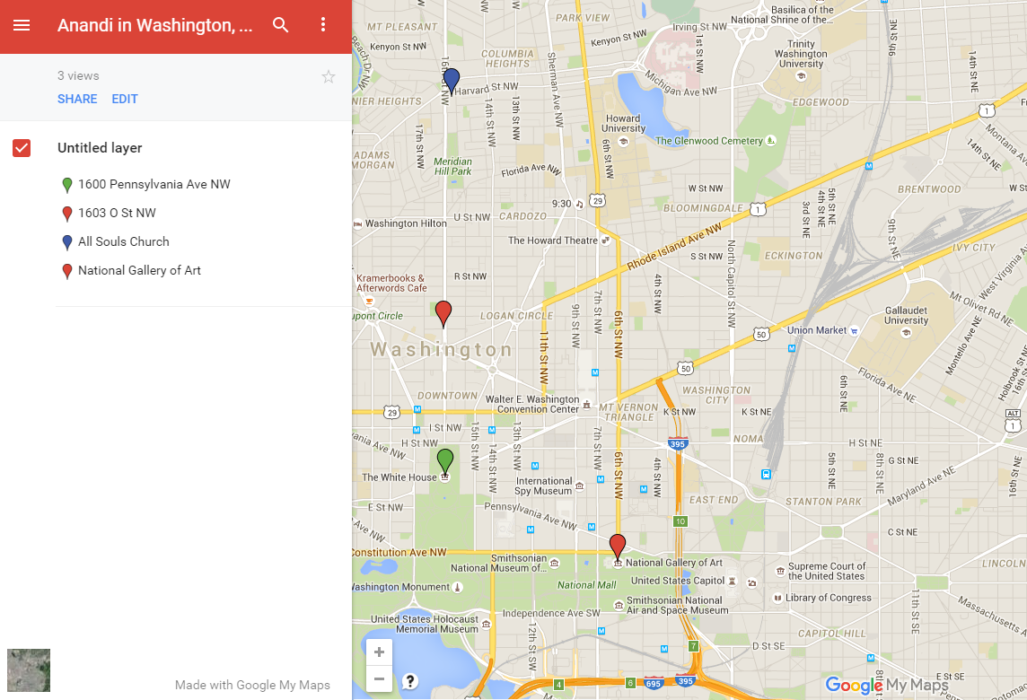 The places that Anandi visited in Washington, DC with Caroline Dall.