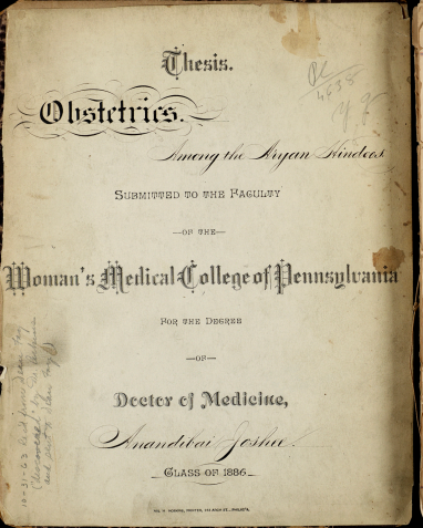 Front page of Anandi's thesis. Courtesy DrexelMed archives. Spring 1886. 
