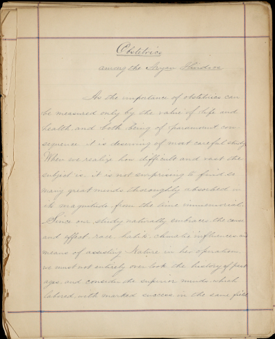 First page of Anandi's hand-written thesis. Courtesy DrexelMed archives.